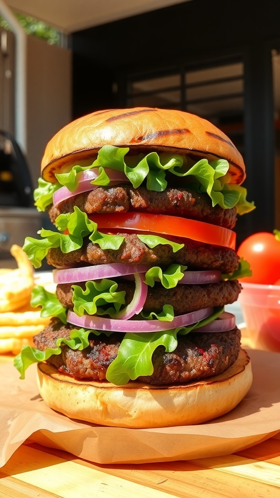 A juicy grilled beef burger with lettuce, tomato, and onion on a toasted bun, set against a sunny outdoor backdrop.